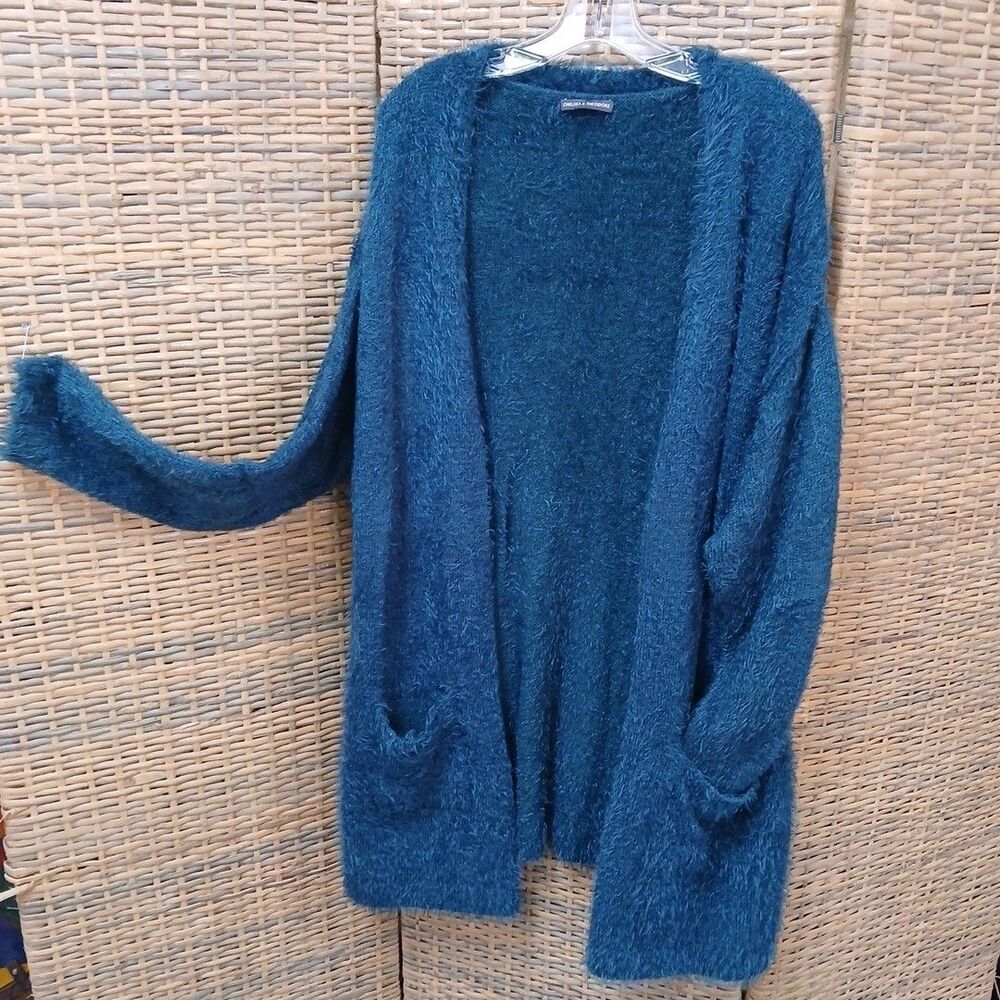 Chelsea & Theodore Teal Eyelash Cardigan Sweater with Pockets XL Open Front - Picture 2 of 7